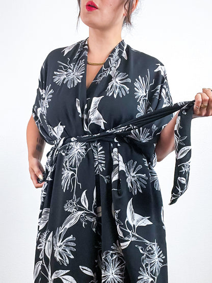 Print High Low Kimono Black Botanicals Georgette