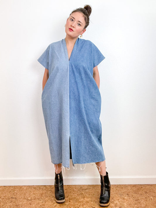 Denim Smock Dress Midi Two Tone