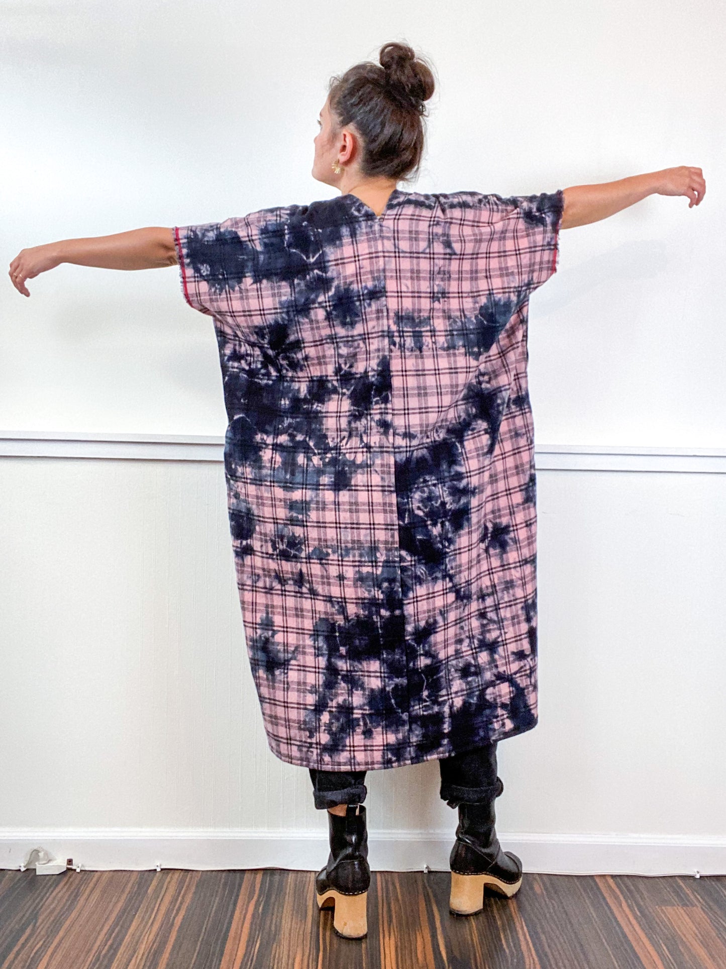 Over-Dye Plaid Smock Dress Pink Black