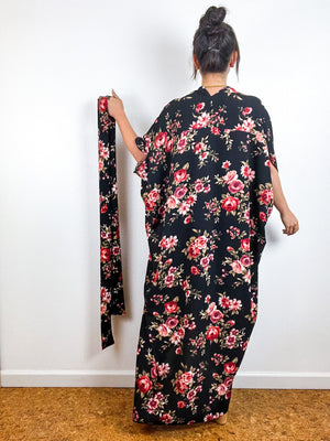 Print High Low Kimono Black Rose Floral Bubble Crepe