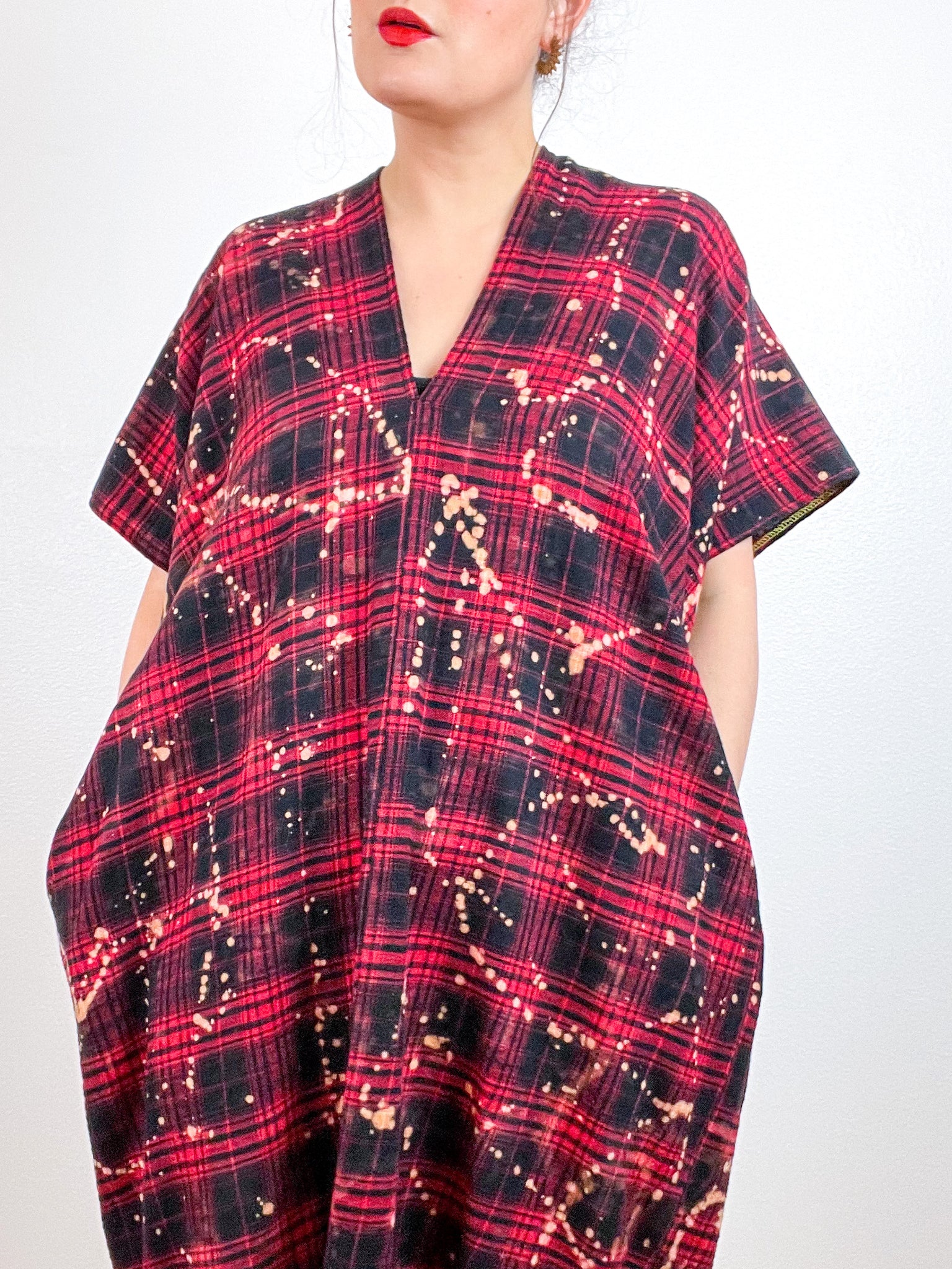 Disrupted Plaid Flannel Smock Dress Red Bleach