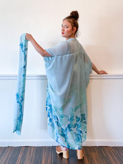 Print High Low Kimono Aqua Ombré Floral Chiffon