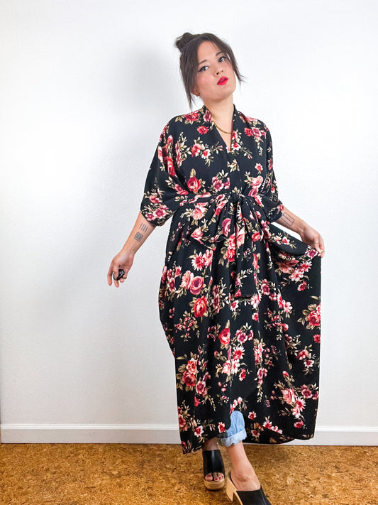 Print High Low Kimono Black Rose Floral Bubble Crepe