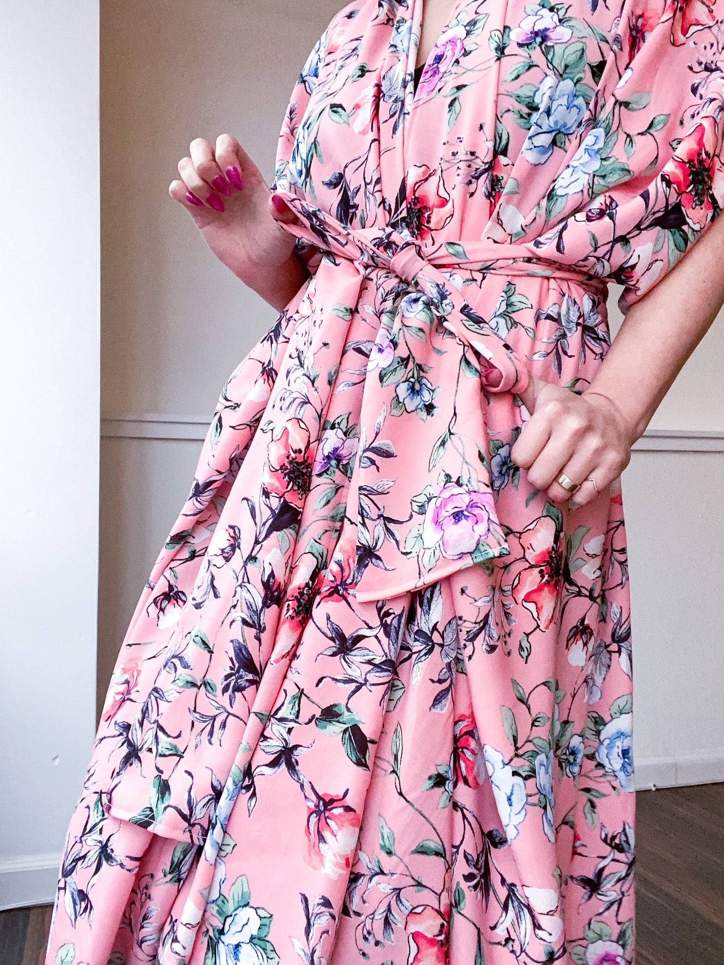 Print High Low Kimono Coral Gardenia Floral Rayon Challis