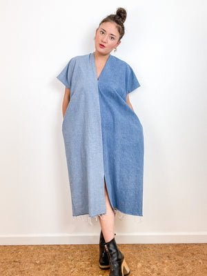 Denim Smock Dress Midi Two Tone