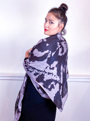 Hand-Dyed Large Square Scarf Grey Black Inkblot