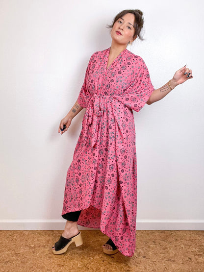 Print High Low Kimono Coral Mini Symbols Crepe