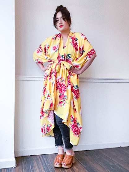 Print High Low Kimono Yellow Red Rose Floral Rayon Challis