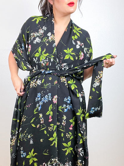 Print High Low Kimono Black Wildflower Crinkle Gauze
