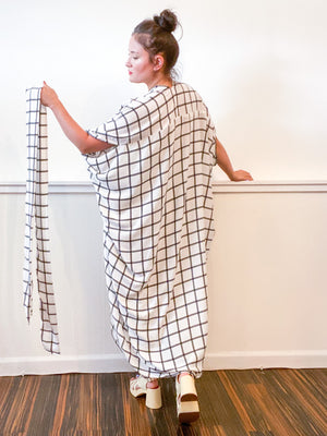 Print High Low Kimono Ivory Windowpane Rayon Challis