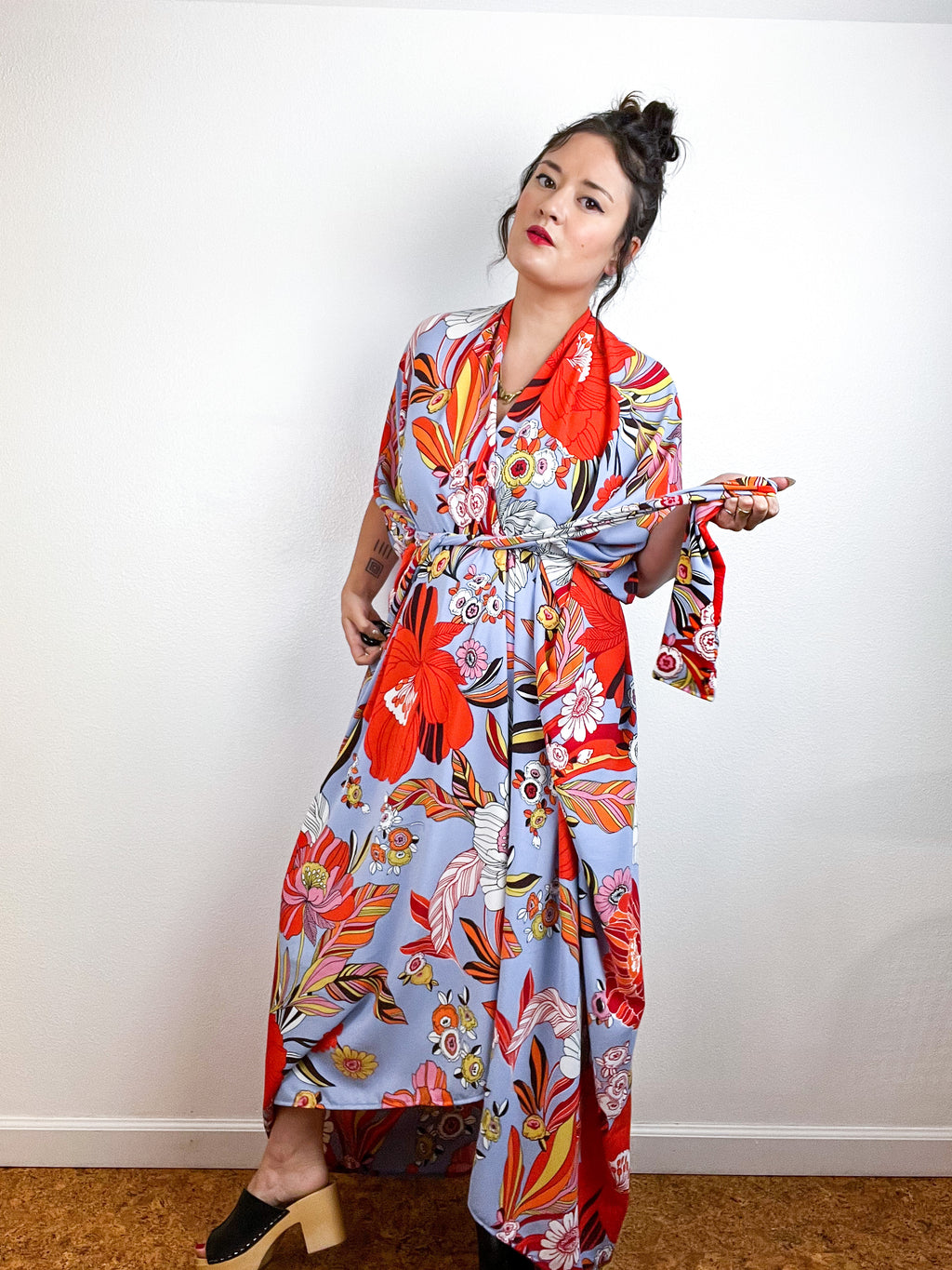 Print High Low Kimono Blue Orange Floral Crepe