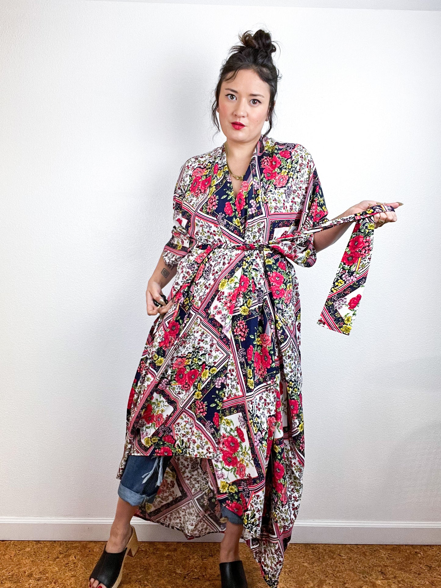 Print High Low Kimono Navy Patchwork Floral Challis