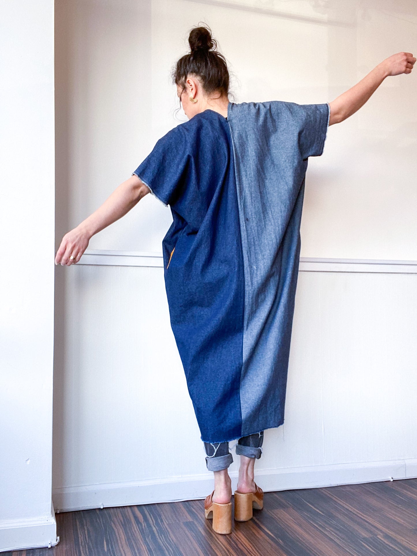 Denim Midi Smock Dress Dark Two Tone Size Medium