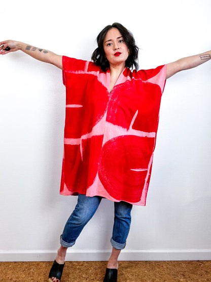 Hand-Dyed Mini Smock Dress Coral Scarlet Brush