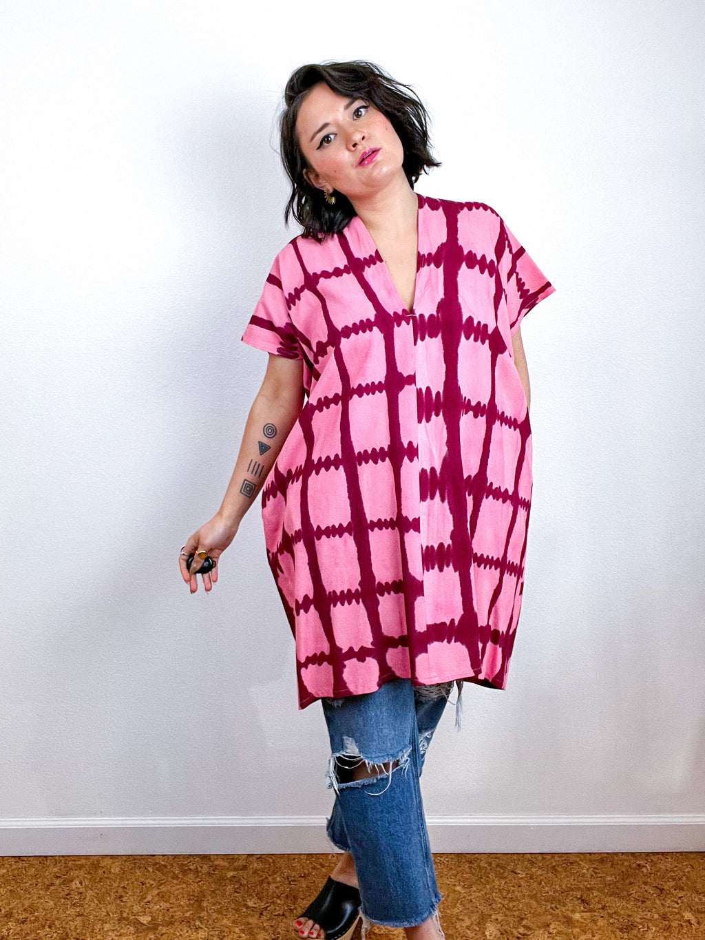 Hand-Dyed Mini Smock Dress Pink Maroon Windowpane