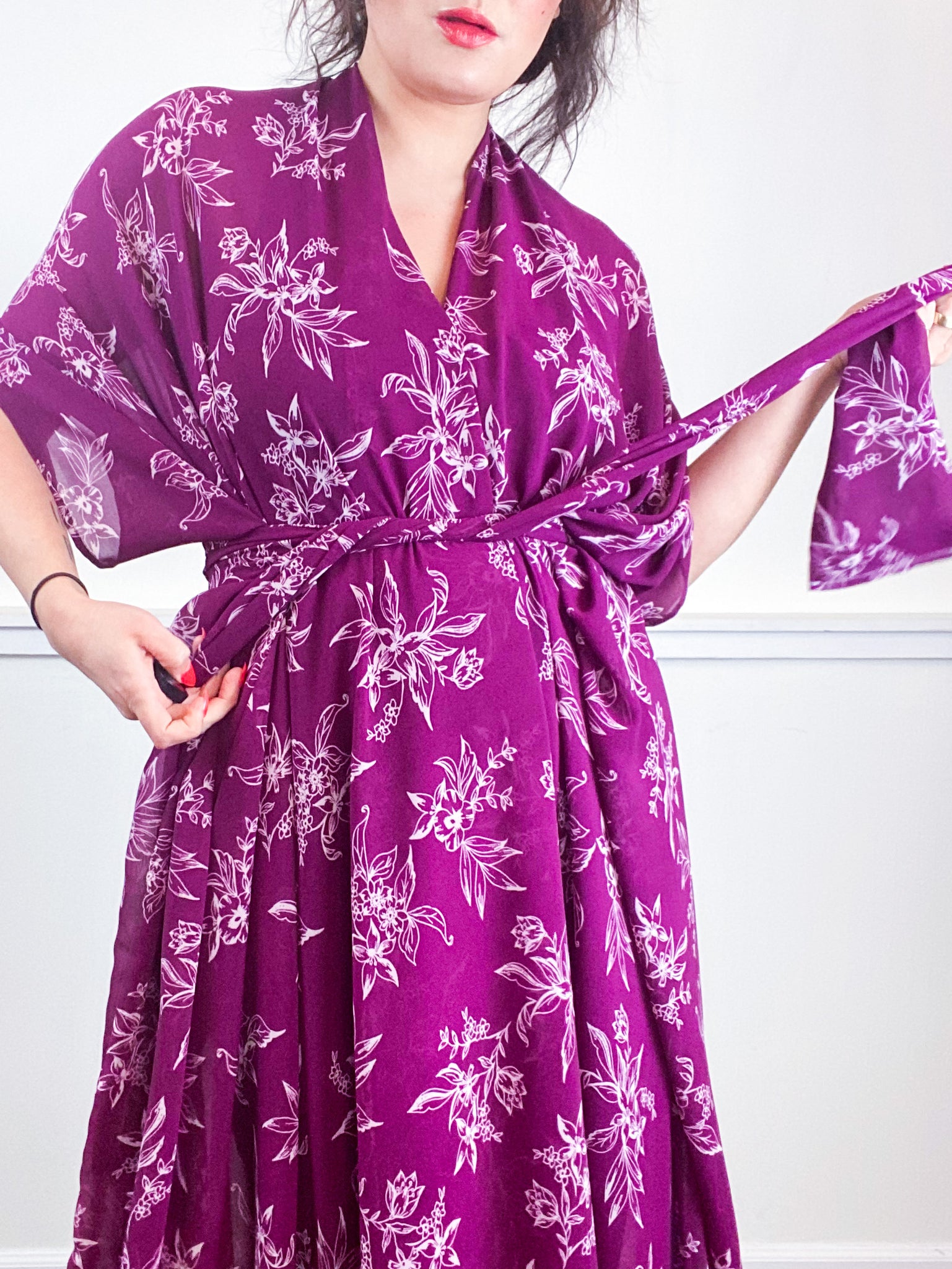 Print High Low Kimono Magenta Floral Georgette