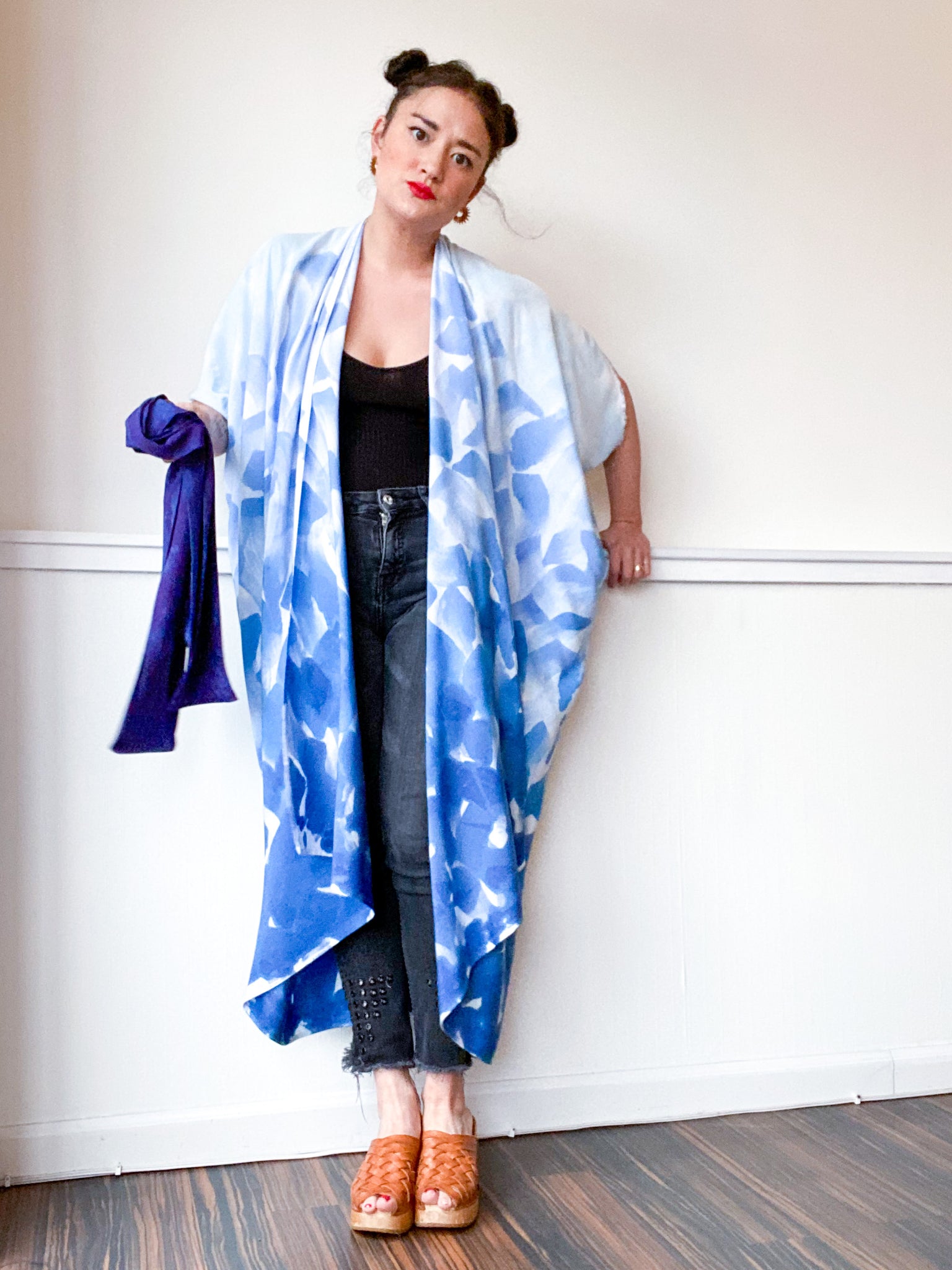 Limited Edition Hand-Dyed High Low Kimono Blue Brush
