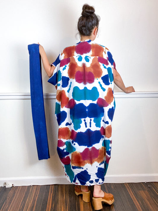 OOAK Hand-Dyed High Low Kimono Maroon Terracotta Indigo Kingfisher Inkblot