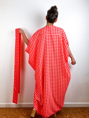 Print High Low Kimono Neon Checker Crepe de Chine