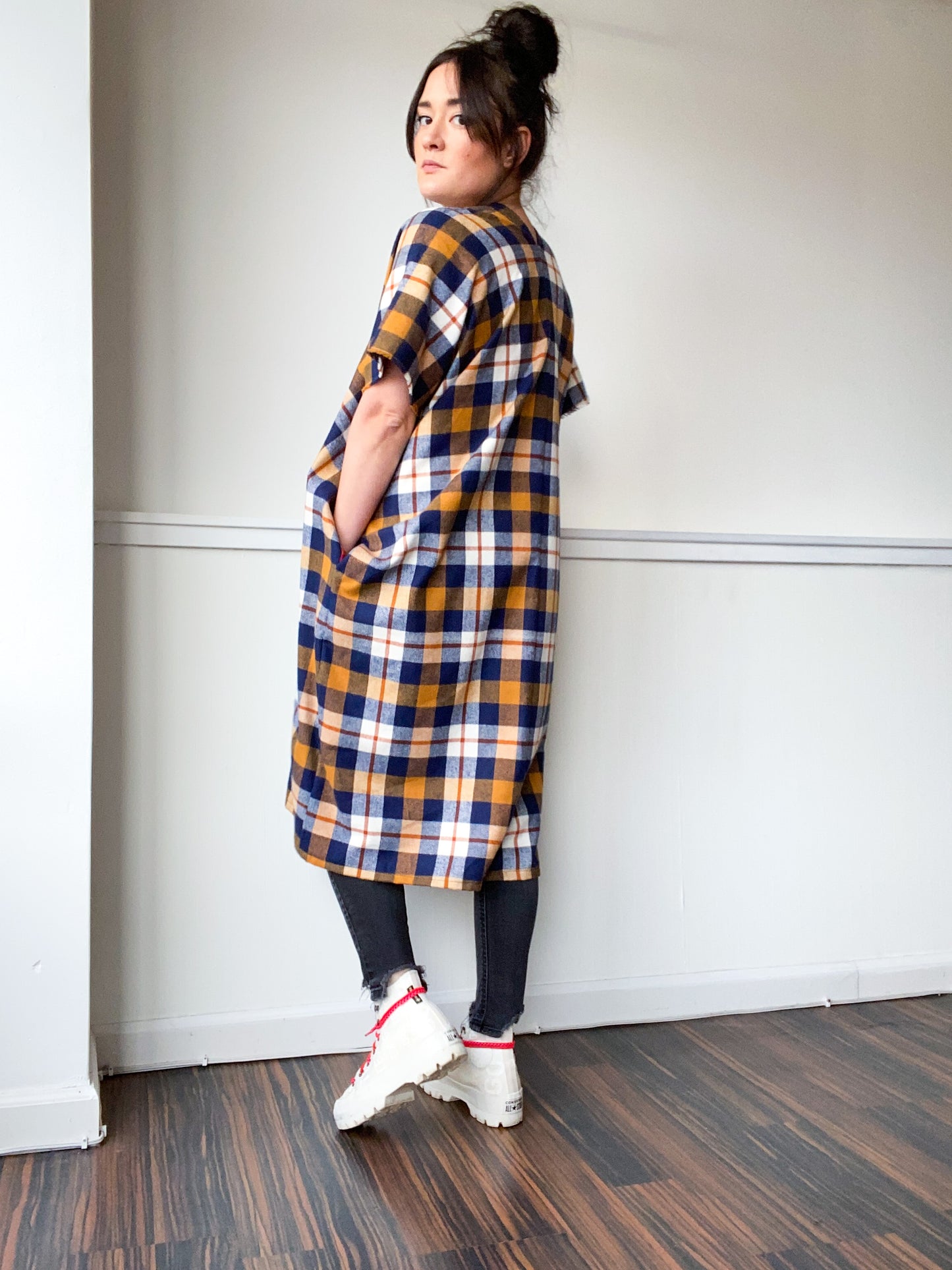 Plaid Midi Smock Dress Mustard Navy