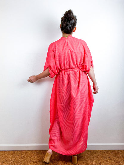 Solid High Low Kimono Coral Flocked Chevron Chiffon