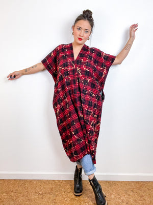 Disrupted Plaid Flannel Smock Dress Red Bleach
