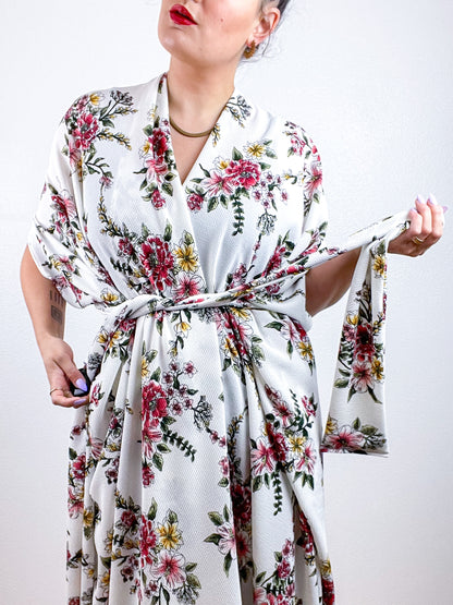 Print High Low Kimono Ivory Floral Bubble Crepe