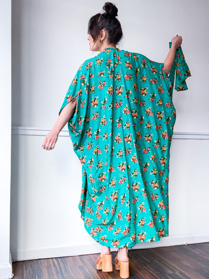 Print High Low Kimono Emerald Floral