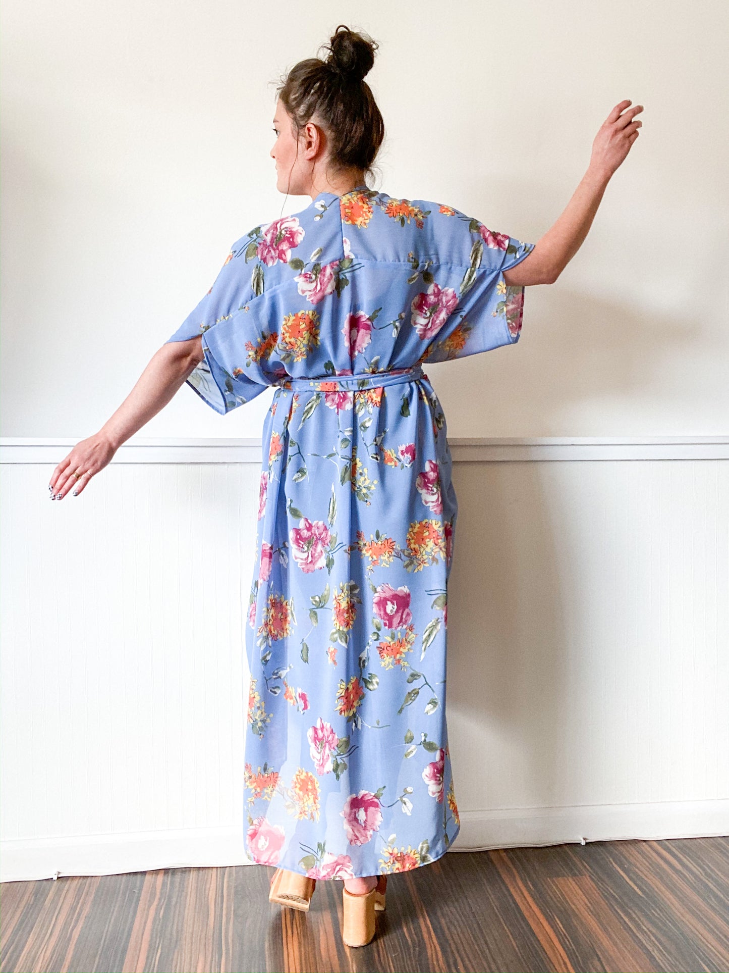 Print High Low Kimono Powder Blue Roses Chiffon