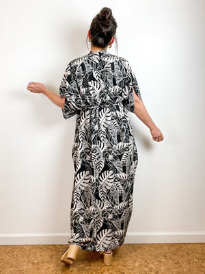 High Low Kimono Black Tan Tropical Leaves Rayon Challis