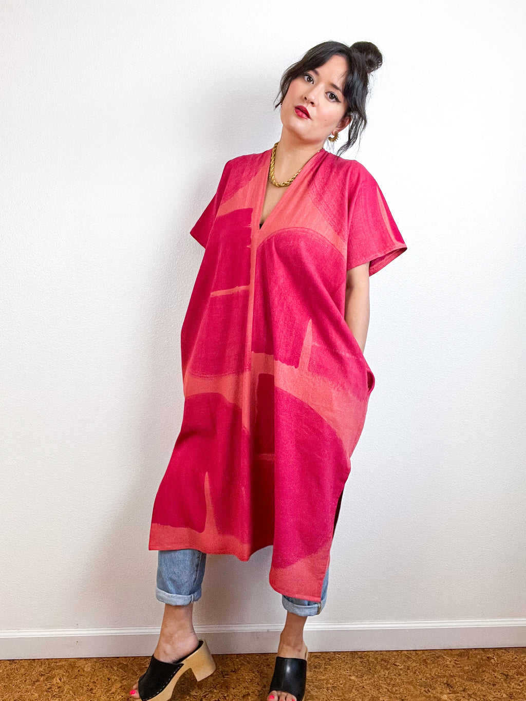 Hand-Dyed Midi Smock Dress Orange Fuchsia Brush