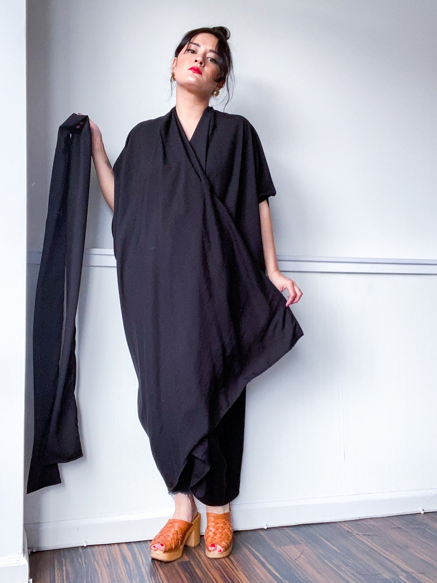 Solid High Low Kimono Black Rayon Challis