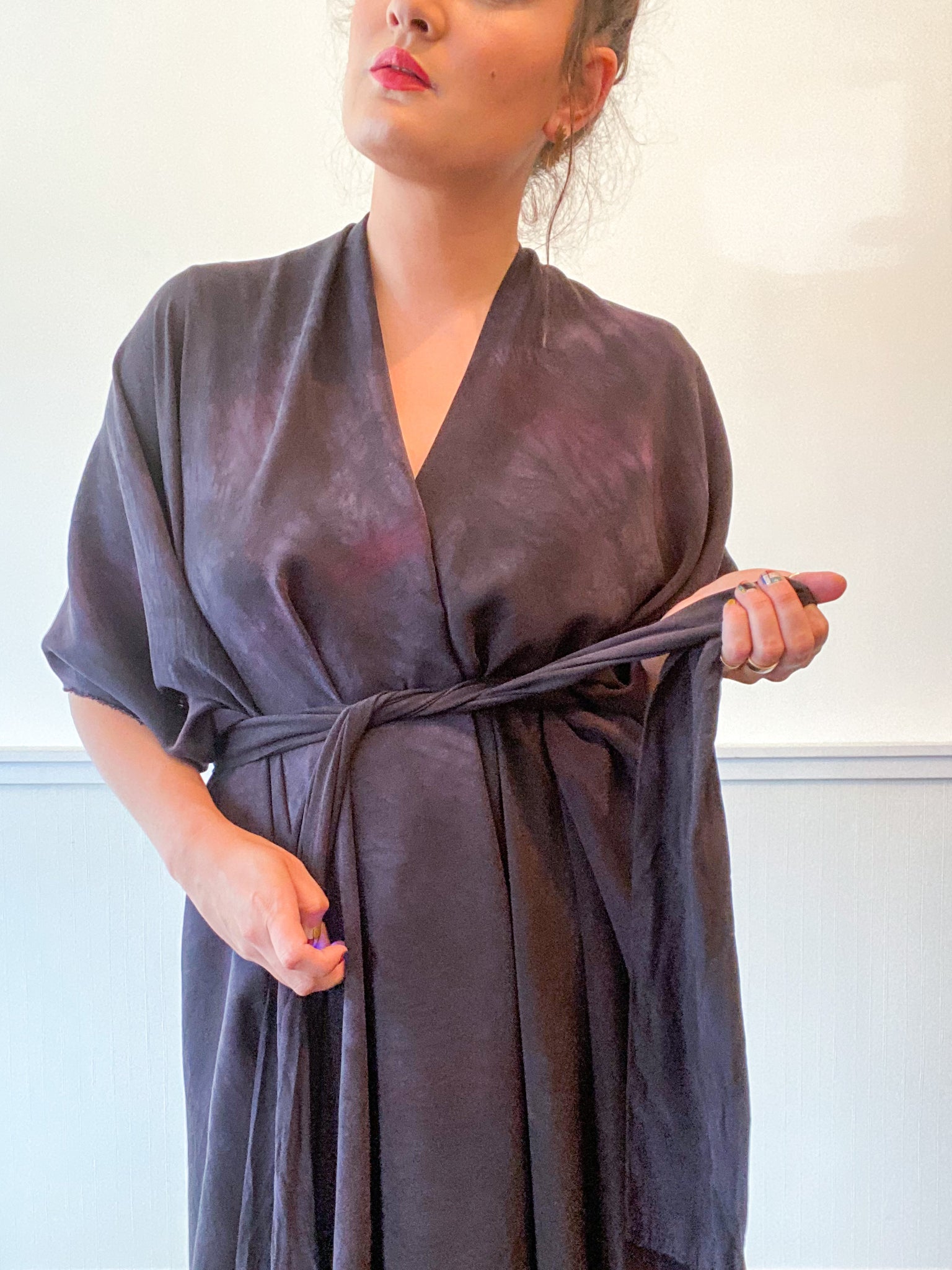 Hand-Dyed High Low Kimono Black Over Dye Silk