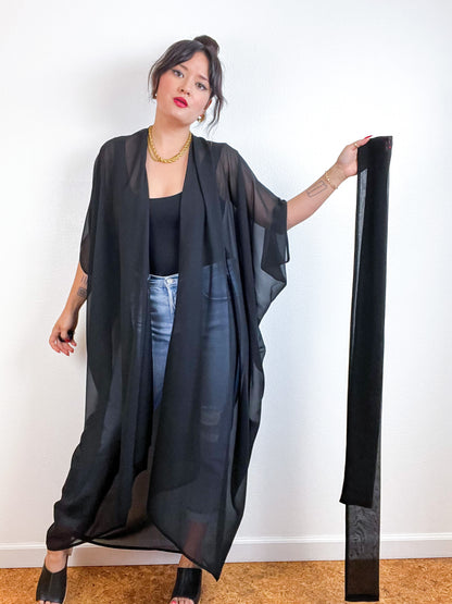 Solid High Low Kimono Black Chiffon