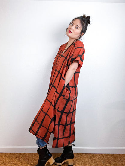 Hand-Dyed Midi Smock Dress Rust Black Windowpane