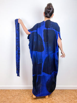 Hand-Dyed High Low Kimono Royal Blue Black Brushstroke