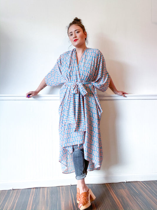 Print High Low Kimono Turquoise Pink Mid Century Mod Slinky
