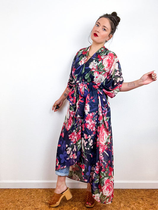 Print High Low Kimono Navy Watercolor Floral Chiffon