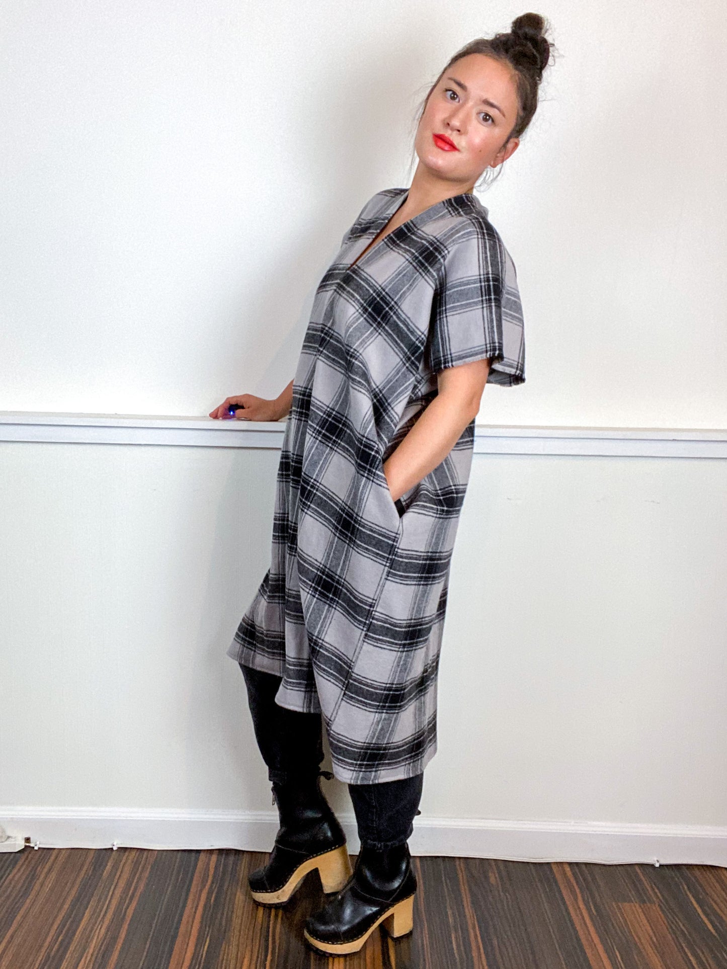Plaid Smock Dress Classic Grey Size Medium