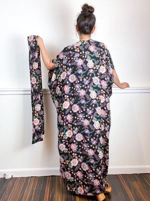 Print High Low Kimono Black Lavender Floral Bubble Crepe