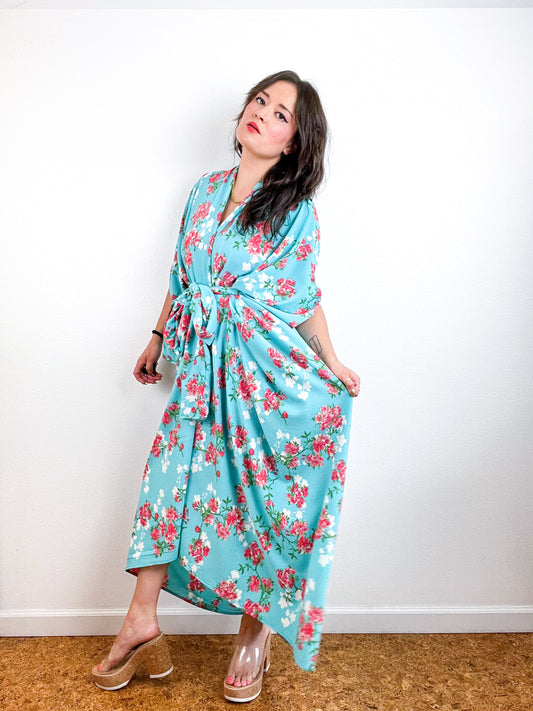 Print High Low Kimono Turquoise Floral Bubble Crepe