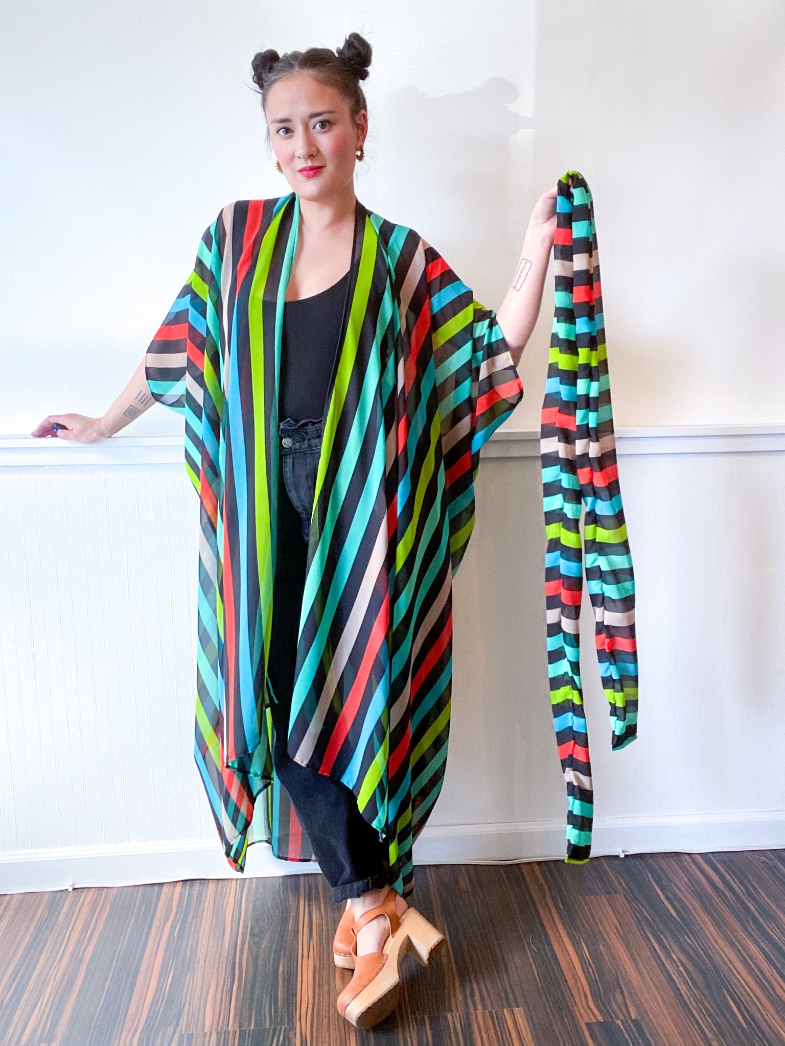 Print High Low Kimono Black Multicolor Stripes Chiffon