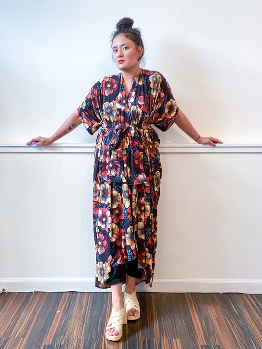 Print High Low Kimono Black Rust Floral Knit