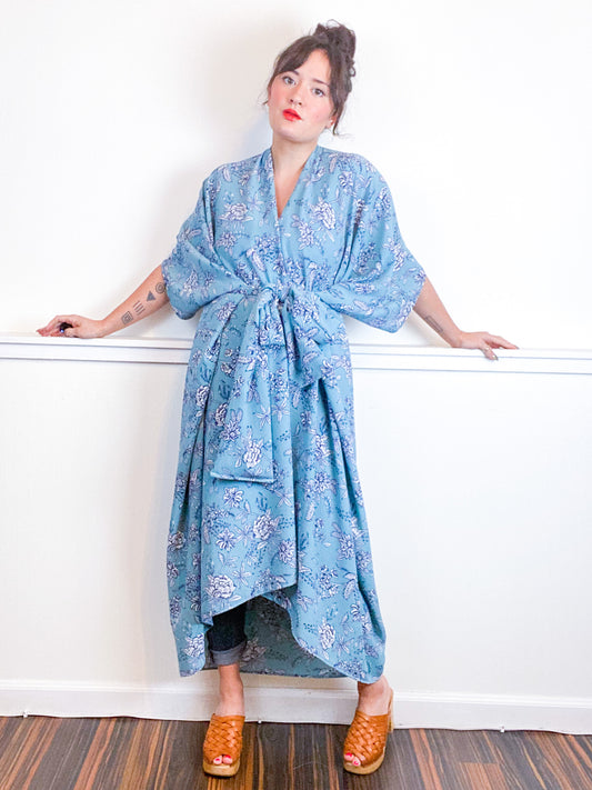 Print High Low Kimono Aqua Floral Bubble Crepe