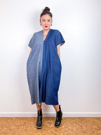 Denim Smock Dress Midi Two Tone