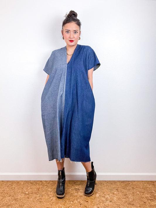 Denim Smock Dress Midi Two Tone