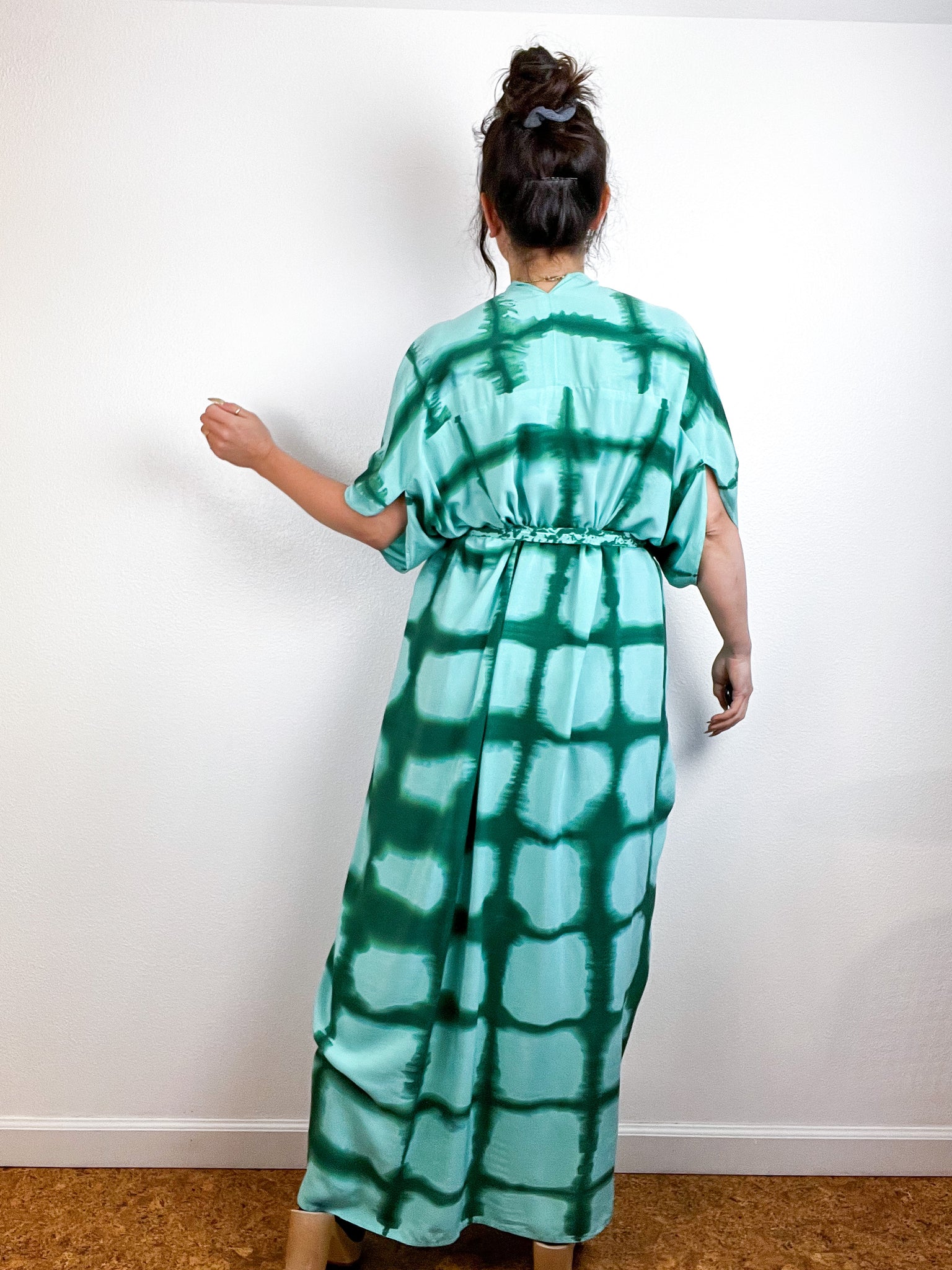 Hand-Dyed High Low Kimono Aqua Forest Windowpane