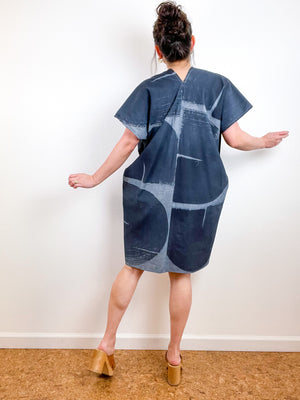 Chambray Smock Dress Hand-Dyed Black Brushstrokes