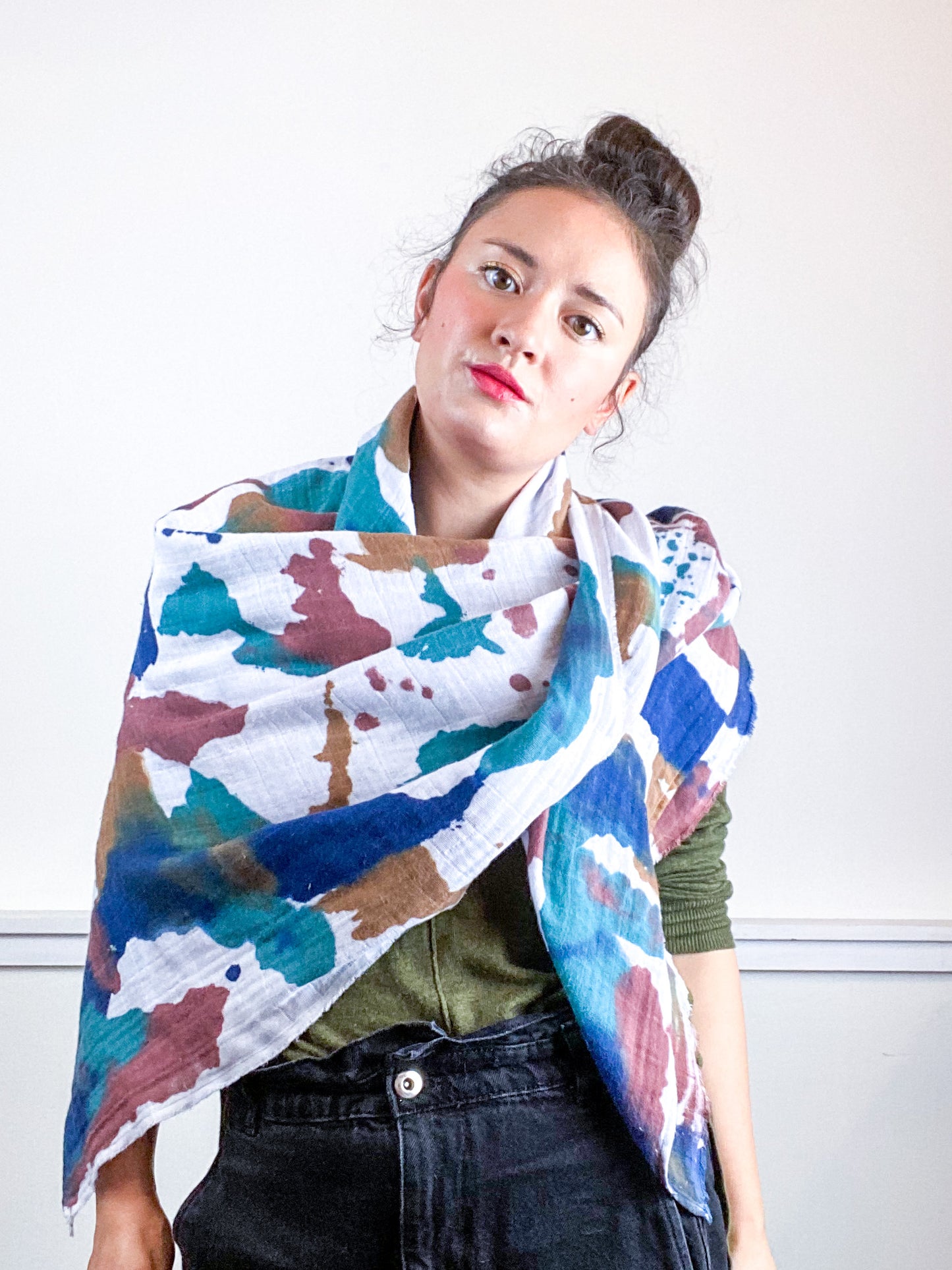 Hand-Dyed Large Square Scarf Maroon Terracotta Indigo Kingfisher
