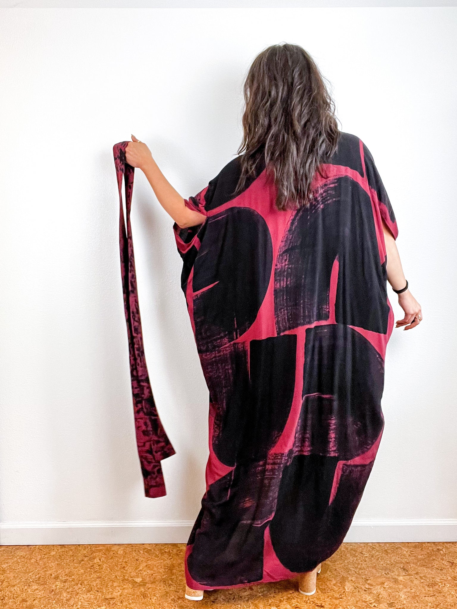 Hand-Dyed High Low Kimono Maroon Black Brushstroke